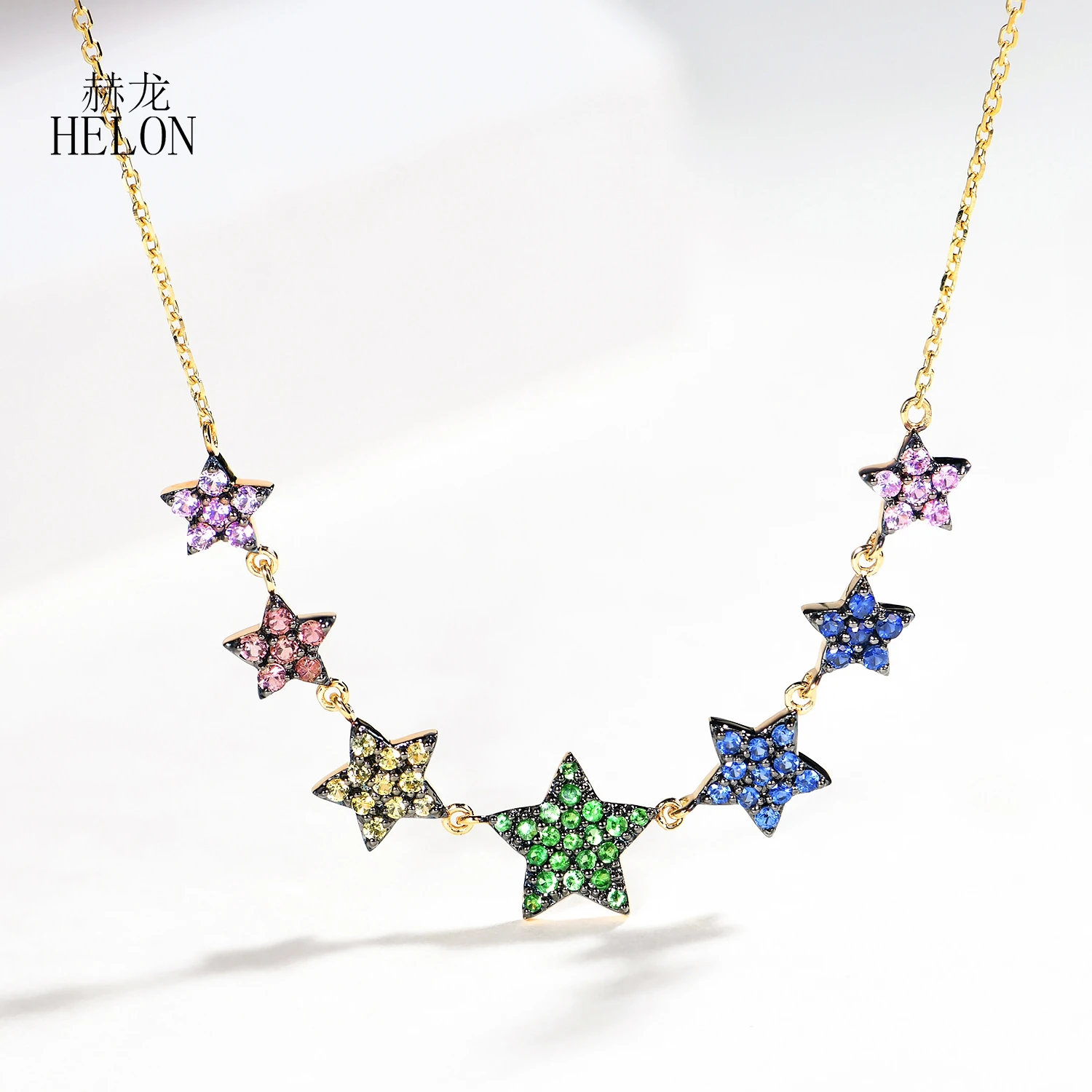 HELON Solid 18K Yellow Gold Colorful Gemstone Star Necklace Pendant Women High Quality Exquiste Art Deco Jewelry Clavicle Chain