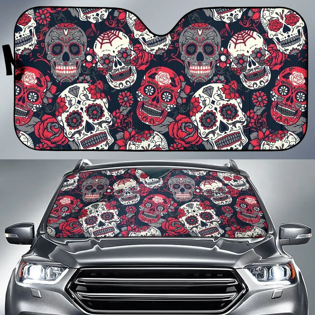 

Sugar Skull Skeleton Girly Rose Floral Pattern Print Auto Sun Shade Car Windshield Window Cover Sunshade