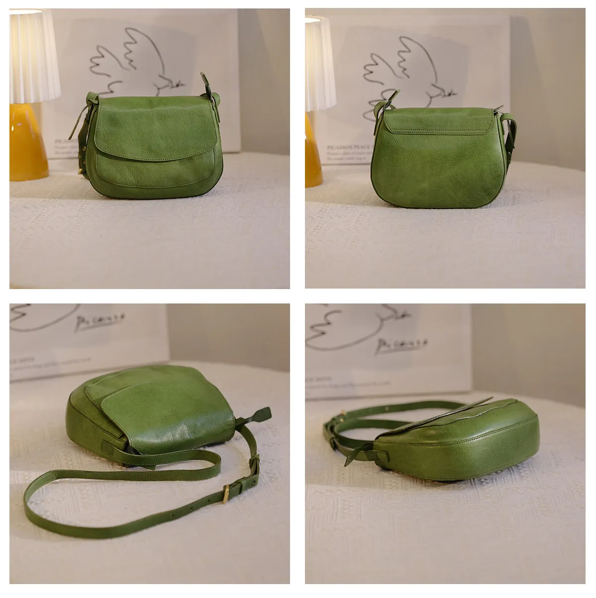 Vintage Designer Handgefertigte Grüne Umhängetasche aus Pflanzlich Gegerbtem Rindsleder für Damen, Luxuriöse Echte Leder-Schultertasche für Outdoor-Reisen – Detail 15