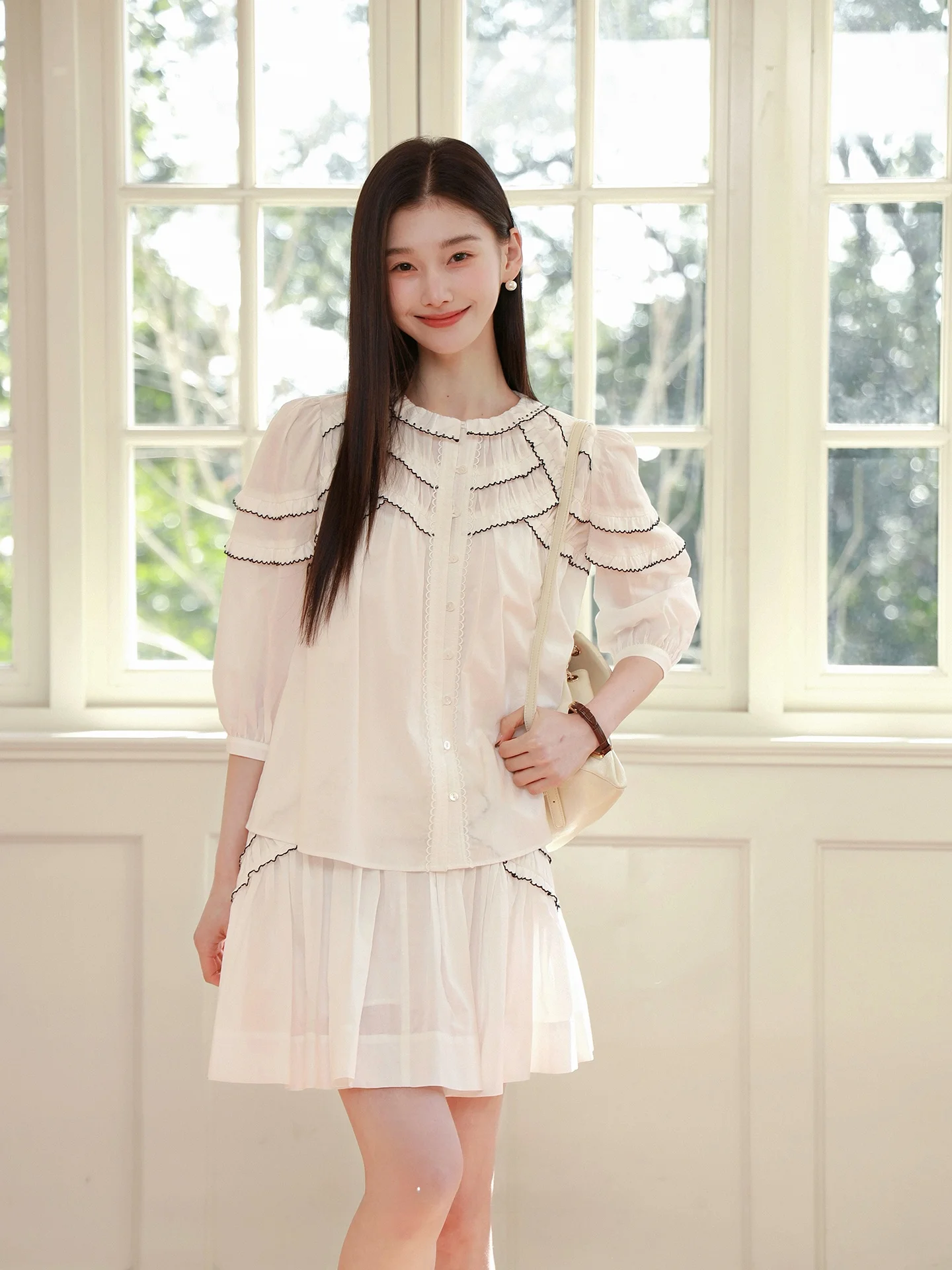 

Handmade Pure Cotton Embroidered Gathered High-Branch Two-Piece Set Ele Aosphere Roro eep Women's Faion Spring Coll...