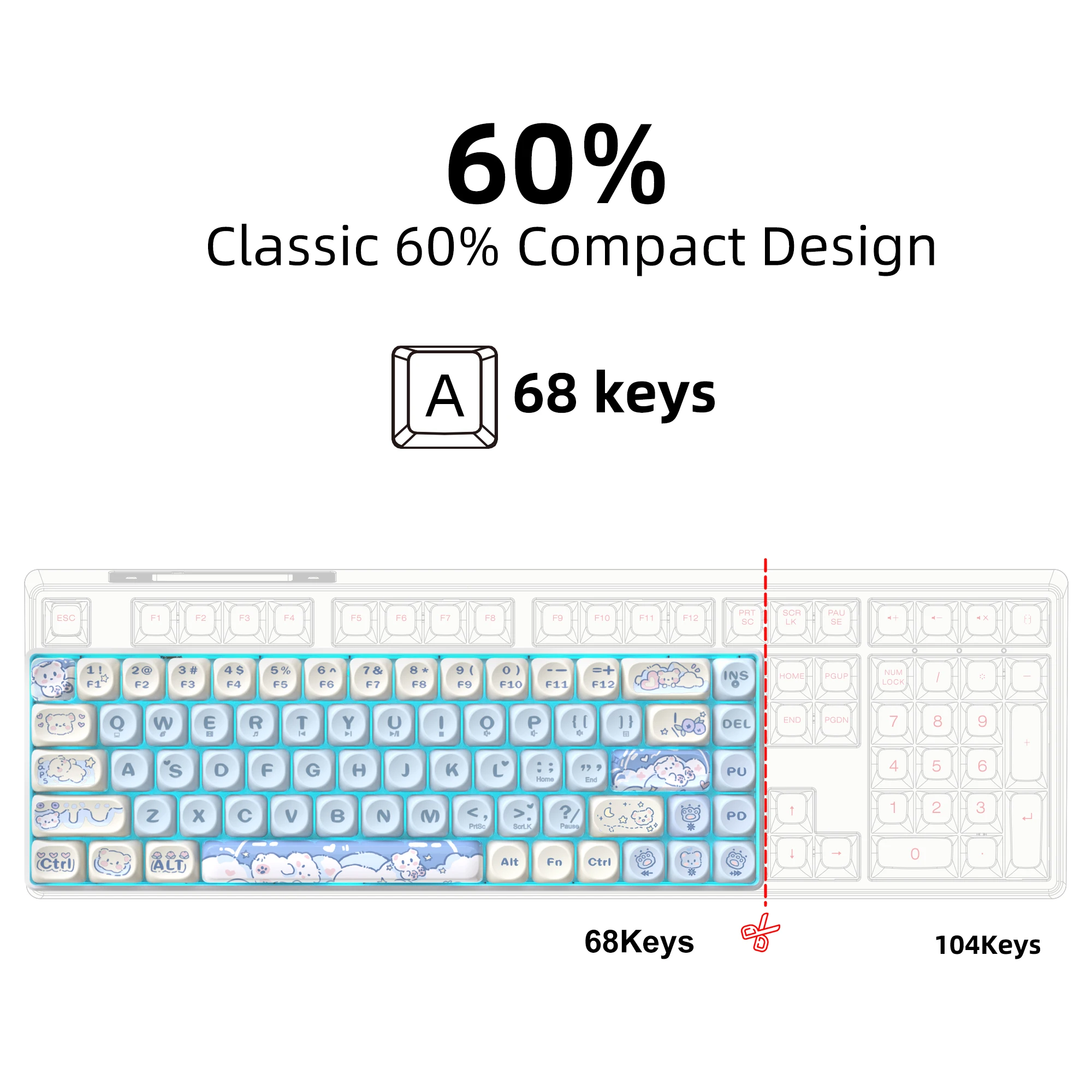 Mechanical Keyboard 65% Compact Layout Gaming Keyboard with PBT MOA Profile Sublimation Keycaps Swap Switch Ice Blue Backlit