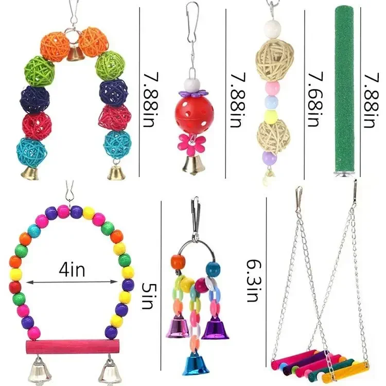 12pcs Pack Bird Toy Cage Bird Accessories Wood Parrot Toys Bird Toy Swing Suspension Bridge Ball Cage Bells Pet Supplies Set