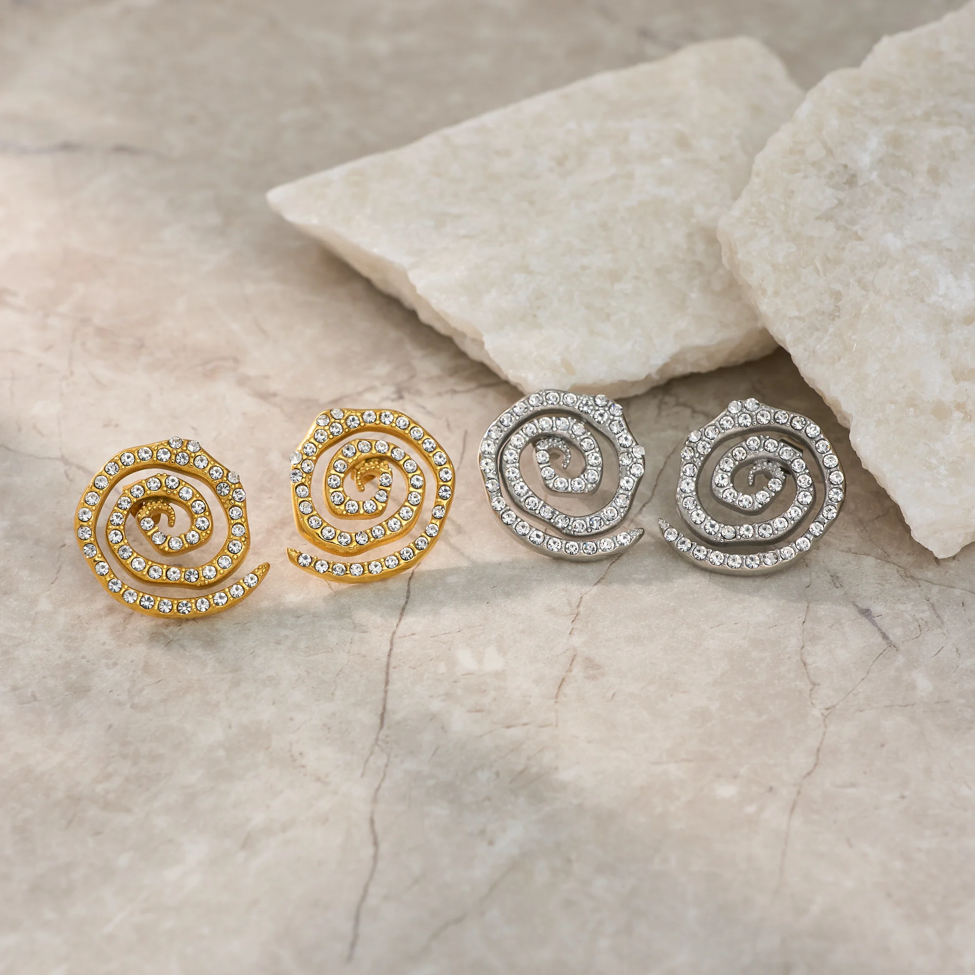 DASEIN 18k Gold Plated Vintage Iced Out Zircon Vortex Spiral Earrings Hypoallergenic Stainless Steel Jewelry Accessories Women