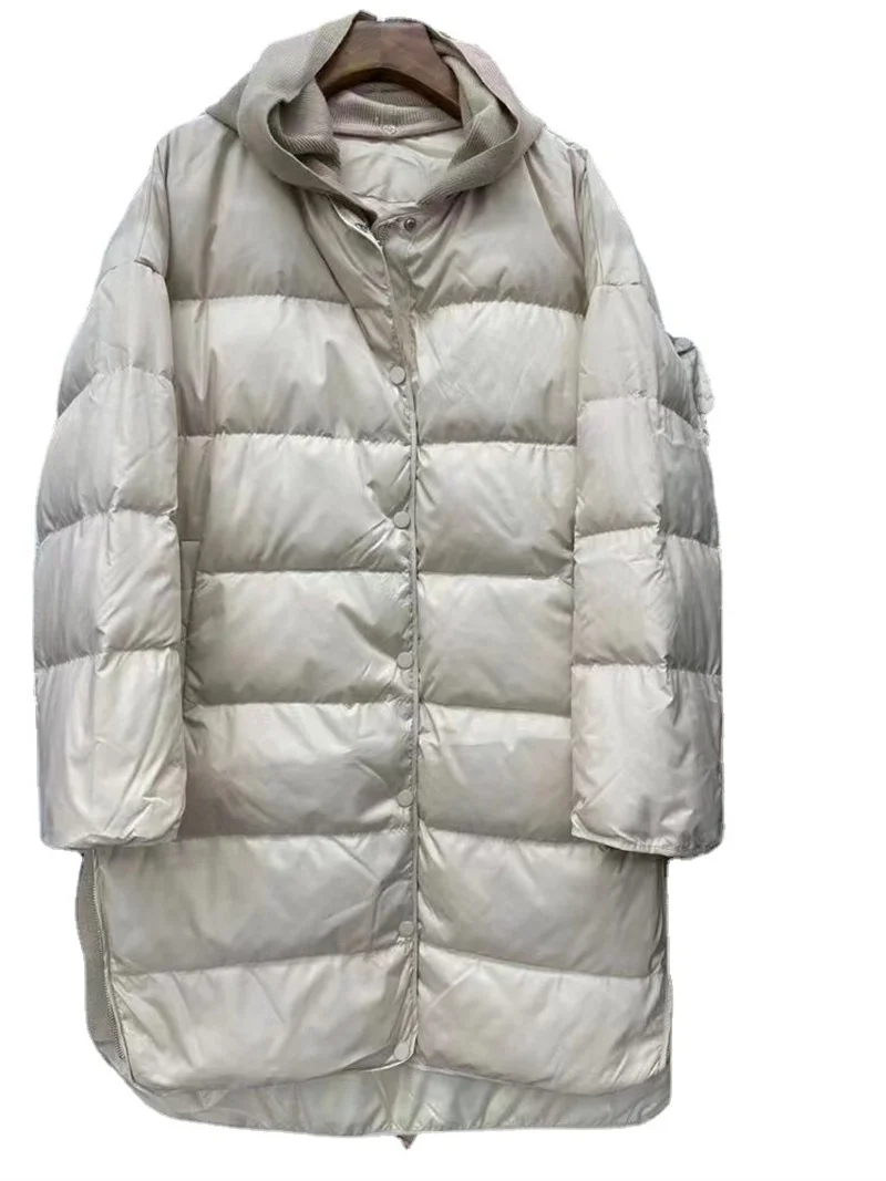 Loehsao marca moda donna giacca Outdoor Casual femminile inverno lungo parka piumini bianchi bianco nero lavorato a maglia cappello staccabile