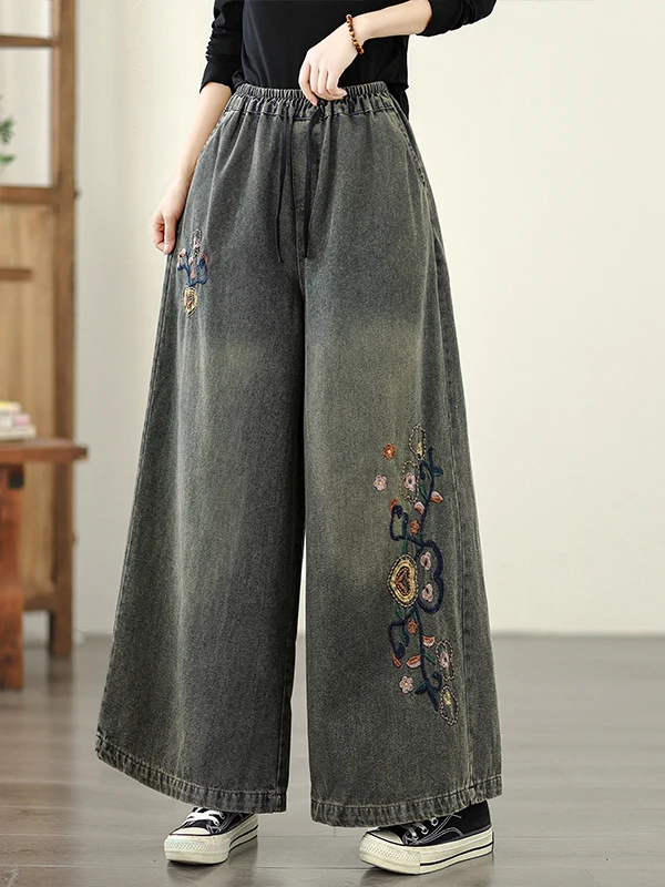 

Свободные широкие брюки, женские большие размеры, мягкие джинсовые джинсы с вышивкой в этническом стиле, повседневные джинсы из смеси хлопка прямого кроя с высокой талией