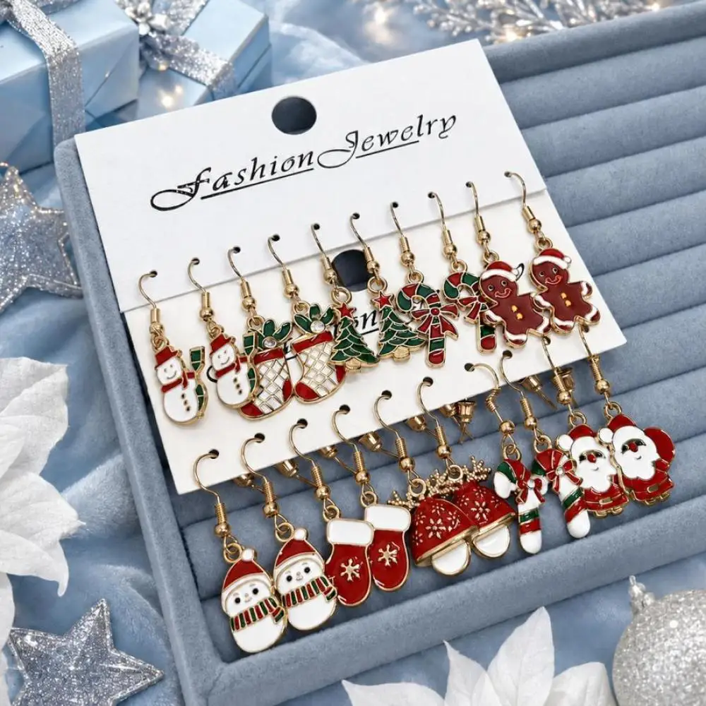 10 Pairs Christmas Enamel Drop Earrings Set Cute Xmas Cartoon Charms Winter Holiday Jewelry Gift for Parties