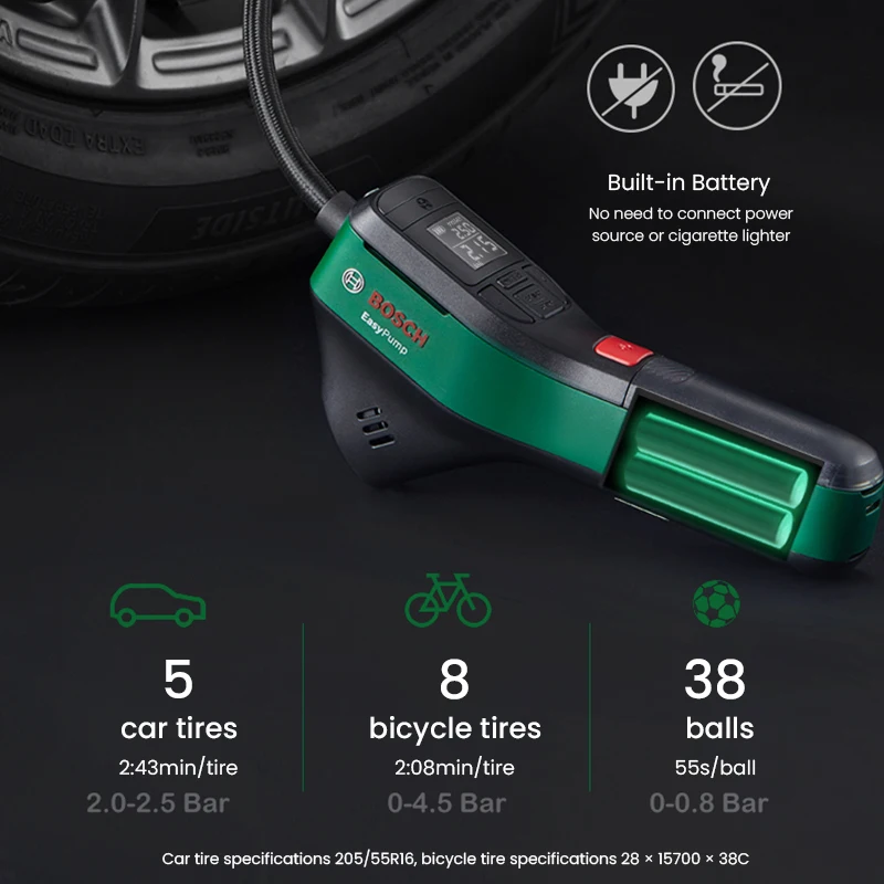 Bosch EasyPump Cordless Portable Air Pump for Bicycle Motorcycle Tires Balls Swim Ring Mini Air Compressor for Car Tyre Inflator