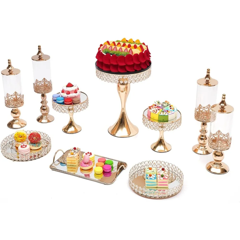 10pcs Gold Crystal Cake Stand, Holiday Cake Stand Golden Metal Crystal Cake Rack Cupcake Stand Fruit Dessert Plate