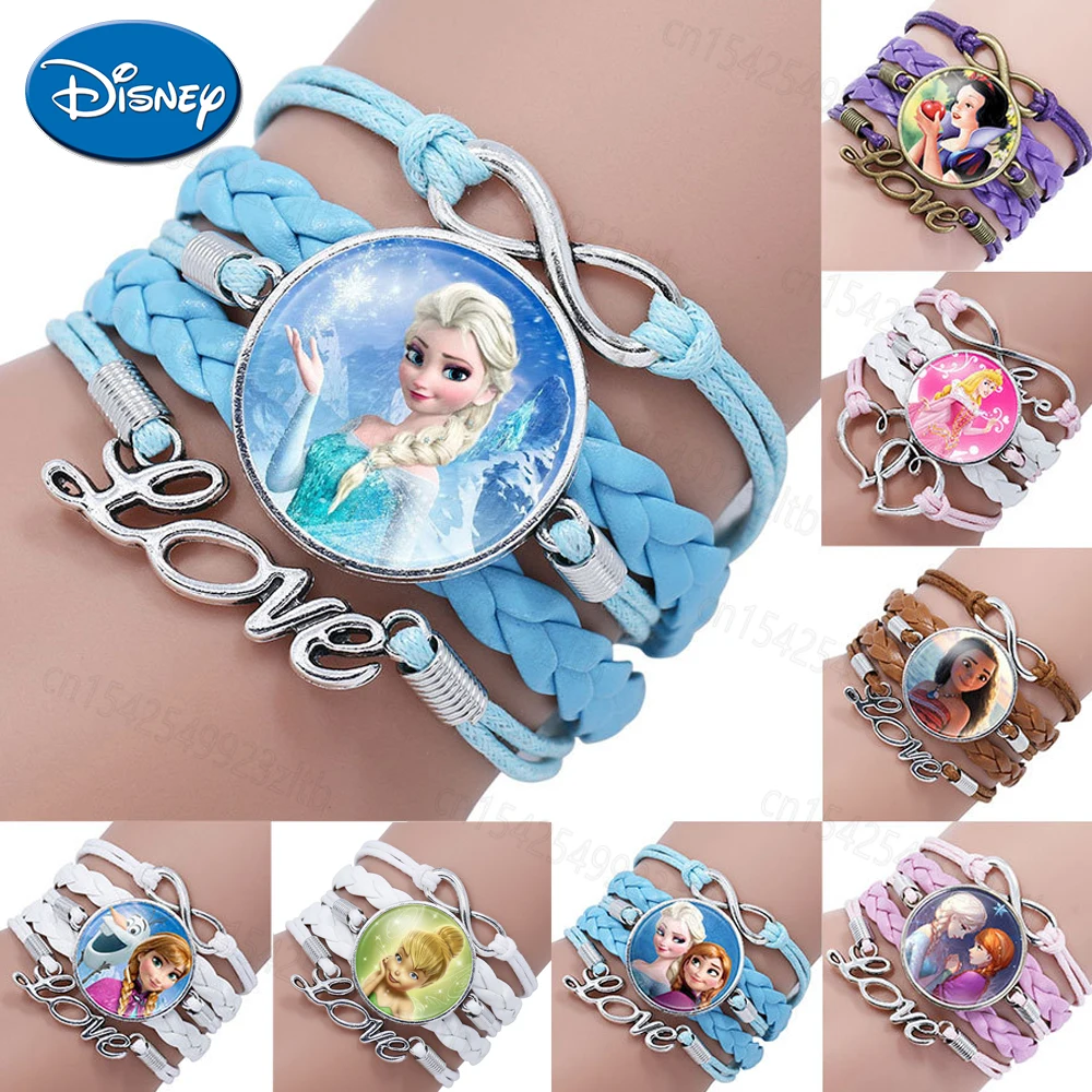 Disney Princess Frozen 2 Elsa Anna Cinderella Moana Princess Bracelet Anime Figure Series Gemstone Wristband Girl Jewelry Gifts