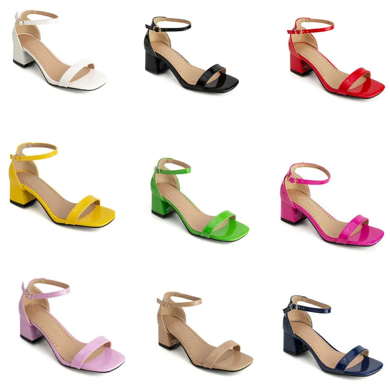 

Patent PU Leather Bright Yellow Pink Open Toe Square Chunky Med Heels Summer Shoes for Party Dress Big Size 51 53 54 52 Sandals