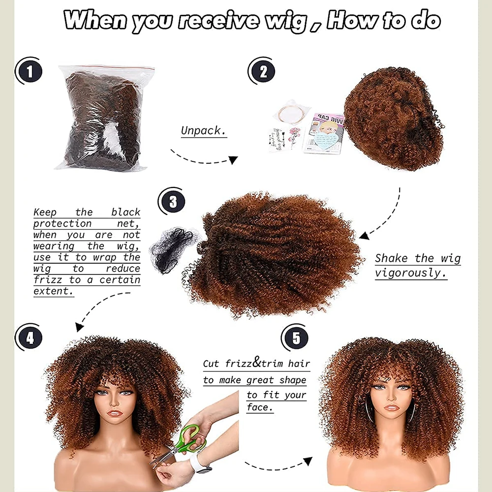 Wig keriting hitam untuk wanita, Wig Afro keriting pendek dengan poni sintetis tahan panas Wig keriting Afro penuh untuk pesta sehari-hari