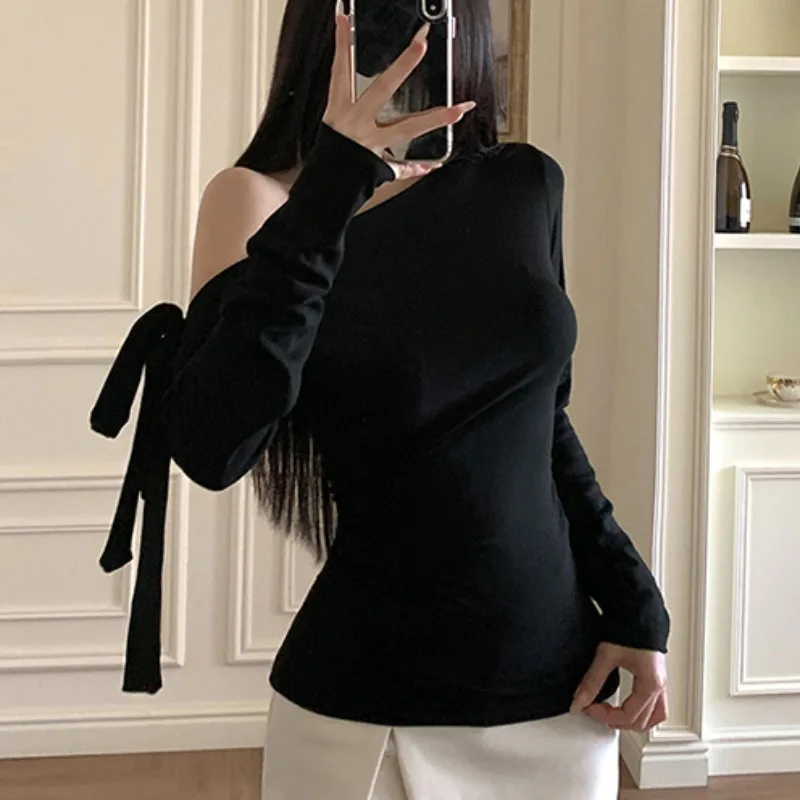 Coreano Sle Slim Fit Lungo Sve T-irt oulder Design Banda Bianca Autunno Inverno Nuovo Arrivo Faion delle Donne Casual Top