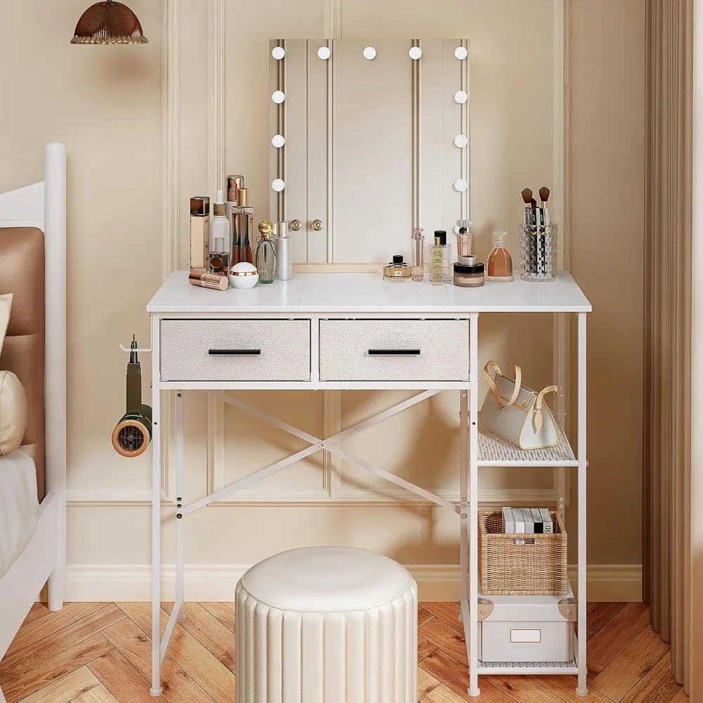 

White Vanity Desk Without Mirror for Bedroom, Makeup Desk with 2 Fabric Drawers