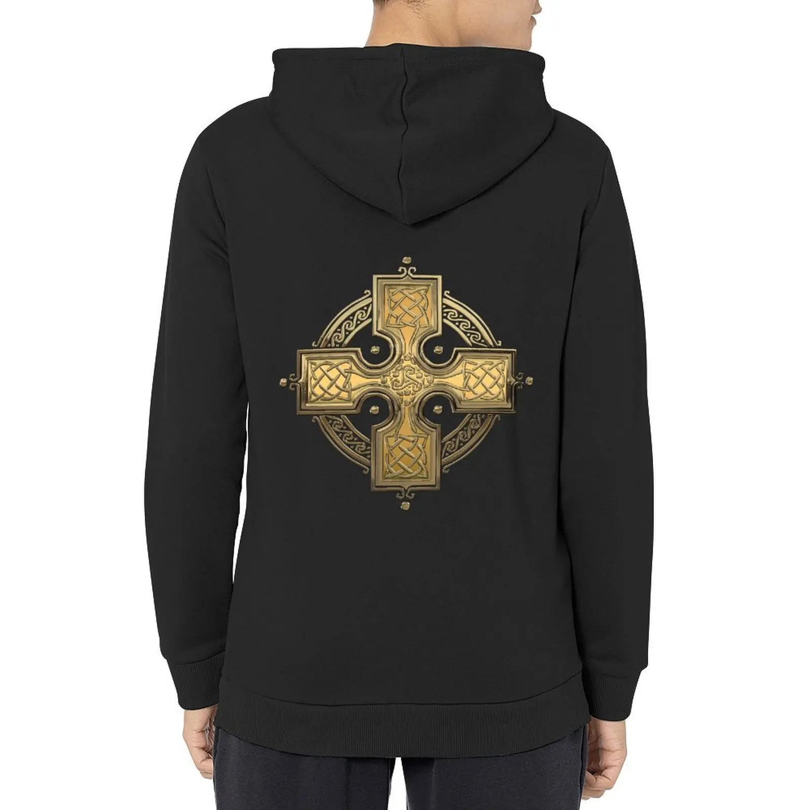 

Ancient Gold Celtic Knot Cross over Black Velvet Hoodie men's sweat-shirt set men clothes anime clothing mens clothes tracksuits