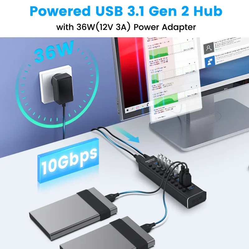 Imagem -03 - Rshttech-alumínio Hub Usb 3.1 10 Portas Transferência de Dados 10gbps 36w Hub de Extensão com Adaptador de Energia 12v 3a