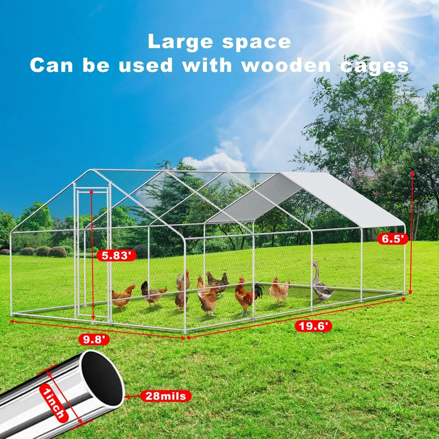 Large Metal Chicken Coop Run Cage Walk-in Poultry with Cover Chicken Pen for Yard with Waterproof and Anti-Ultraviolet Cover