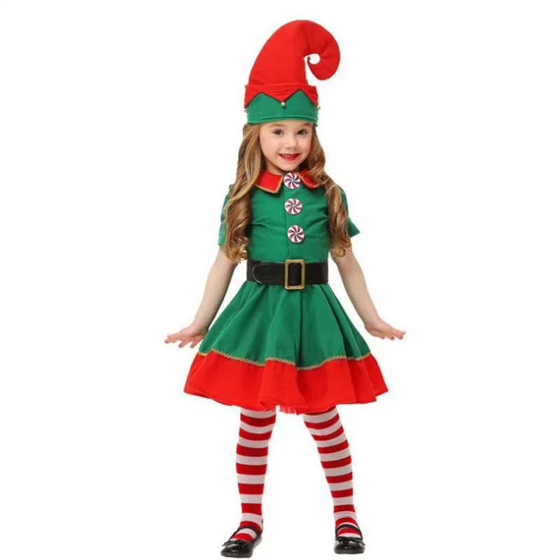 Disfraz de Papá Noel de Navidad, disfraz de elfo verde, fiesta de carnaval familiar, vestido elegante de Año Nuevo, conjunto de ropa para niñas y niños