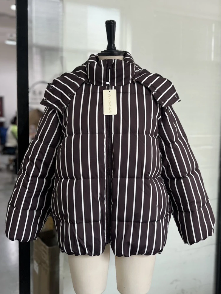 سترات نسائية شتوية مخططة بقلنسوة وأكمام طويلة مرقعة للتنقل ملابس خروج دافئة سترات نسائية عتيقة ملابس خارجية #6