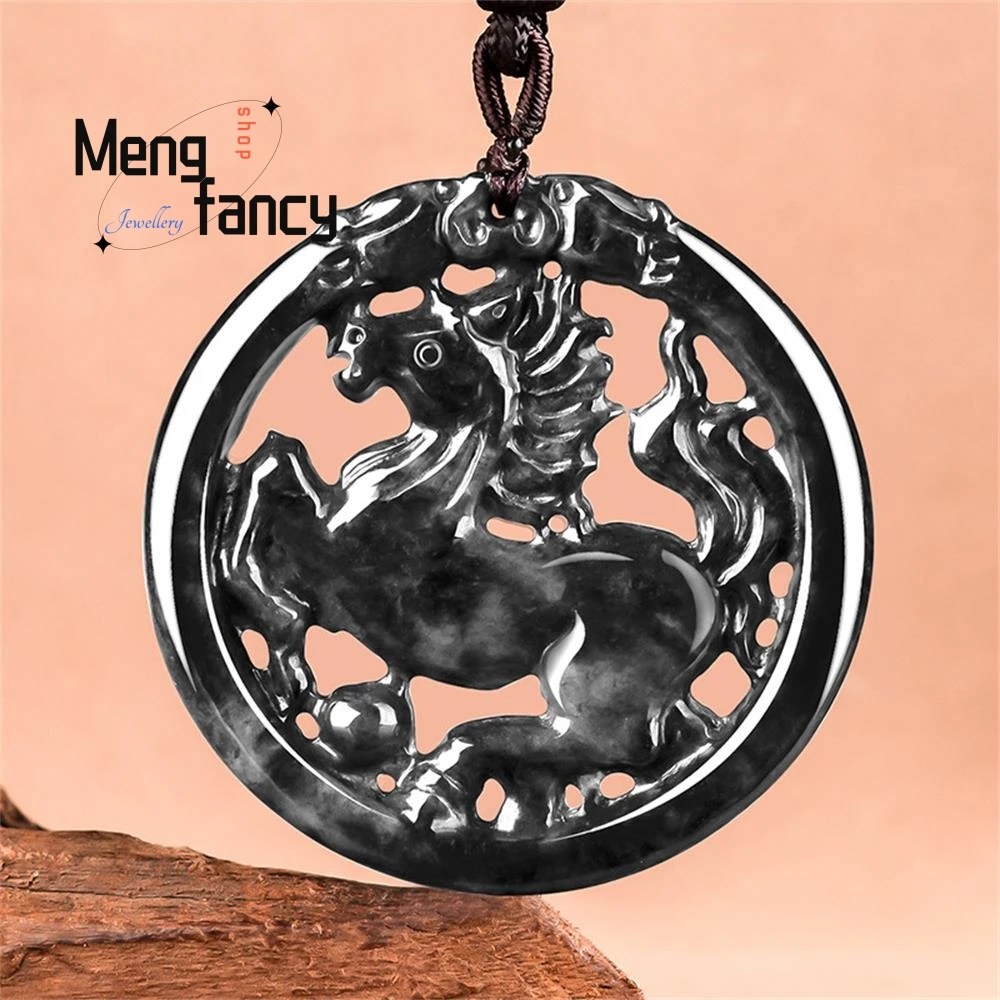 Natural Myanmar A-goods Jadeite Zodiac Horse to Success Wuji Zhong Jade Pendant Exquisite Retro Handicraft Fashion Fine Jewelry