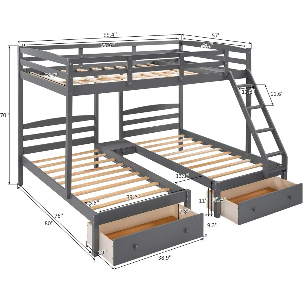 Triple Bunk Bed Full Over 2 Twin Bunk Bed with 3 Drawers and Guardrails, Bunk Bed for Family, Teens, No Box Spring Needed