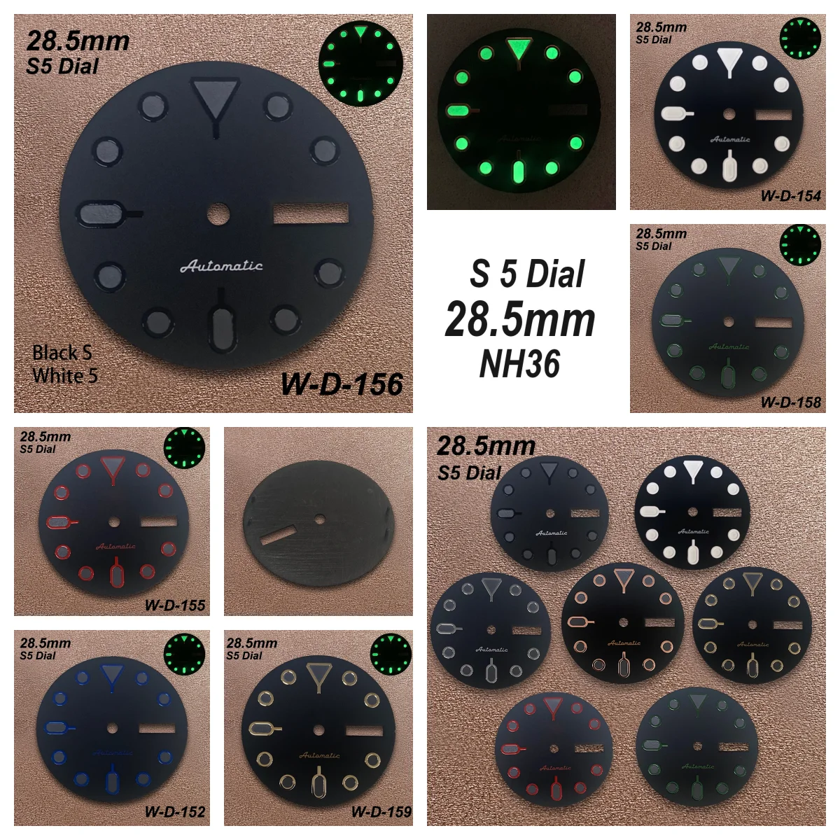 

28.5mm S5 Logo Dial Suitable For NH36/4R36 Janpan Movement Green Luminous Black Matte Watch Dial Watch Modification Accessories