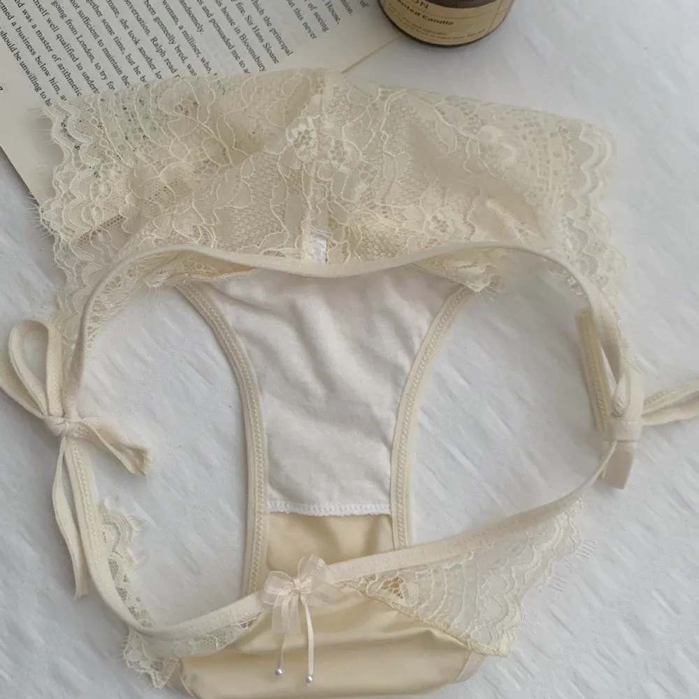 

Lingerie Bow Lace Flower Panties Transparent Seamless Lace Mesh Briefs Satin Silk Low Waist Lace-up Briefs Girl
