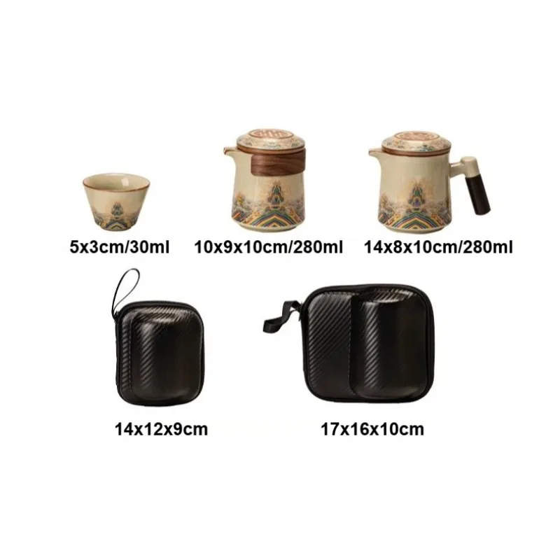 Cracked Glaze Ceramic Travel Tea Set Wooden Side Handle Quick Brew Teapot 3 Teacups Portable Storage Bag Outdoor Gongfu Tea Kit