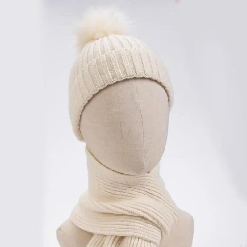 

Стильная детская вязаная зимняя шапка и шарф из 2 шт. с плюшевым декором, трендовый однотонный шейный платок с шапкой