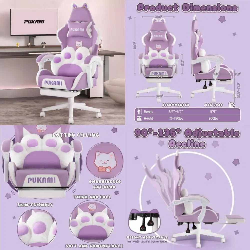 كرسي ألعاب مريح للكمبيوتر الشخصي مع مسند للقدمين ومسند للرأس، تصميم لطيف على شكل آذان قطة للفتيات، كرسي كمبيوتر مريح لـ H #1