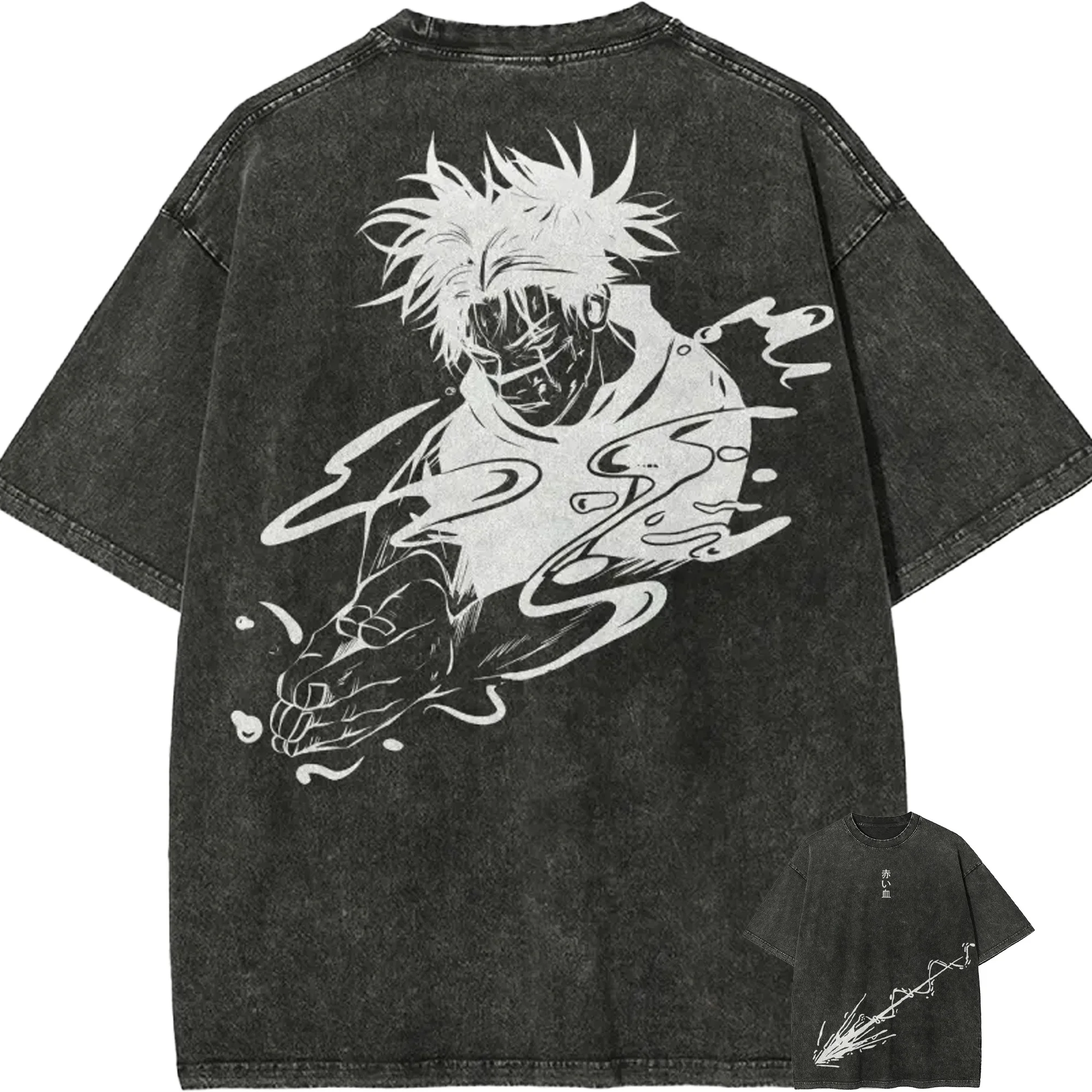 Jujutsu Kaisen Choso T-Shirt Blutmanipulation Rückendruck Herren Acid Wash Oversized Streetwear Anime Baumwoll-Oberteil Tee