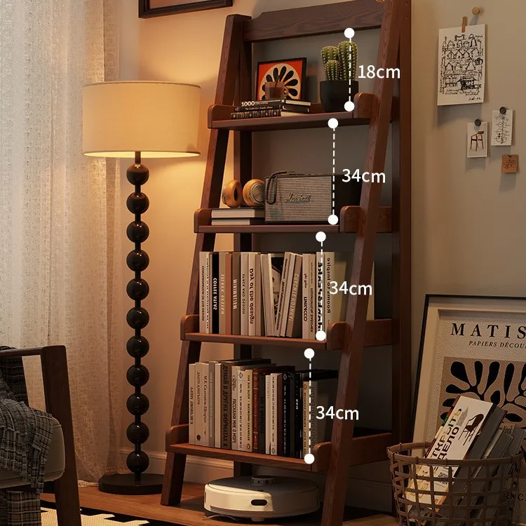 Solid wood trapezoidal bookshelf floor shelf, multi-layer storage display shelf stepped bookcase