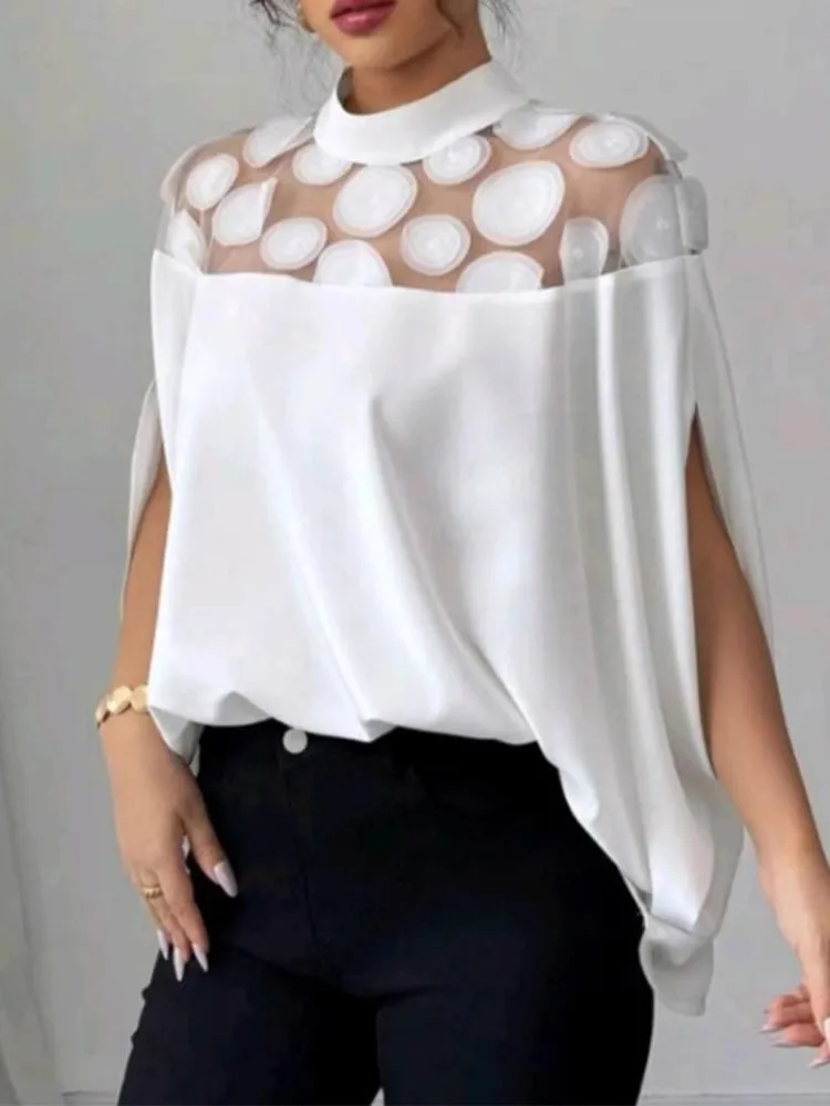 Elegant O-neck Bat Short Sleeve Top For Women Fashion Spring Autumn Solid Color Mesh Off-shoulder Chic Loose Casual Top Female