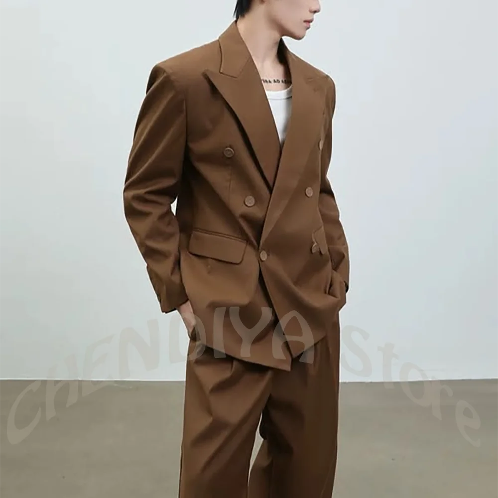 

British Style Men's Suit Peak Lapel Elegant Double Breasted Jacket Pants Smart Casual Outfit Street Prom Suit Menswear Clothing