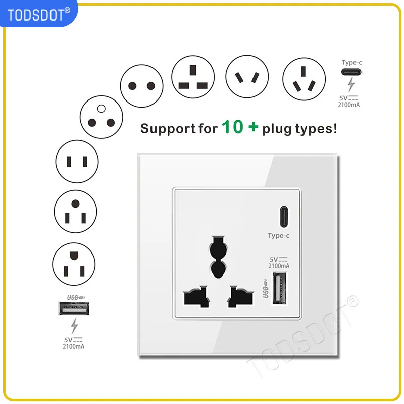 TODSDOT Electrical Universal Socket Grey Panel Support 10+ Plug Types C USB 2.1A Fast Charge Outlet Flame Retardant UL V-0