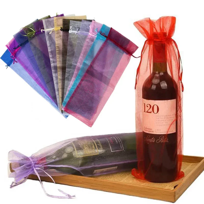 20Pcs Red Wine Bottle Organza Drawstring Bag Champagne Bottle Holder Pouches Wine Gift Bags Birthday Wedding Party Decorations