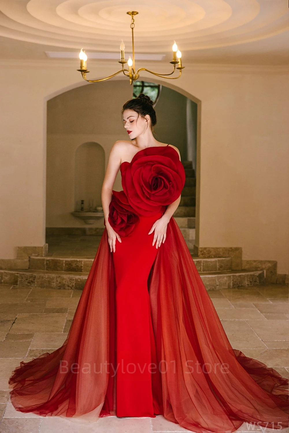 Unique Design Satin فساتين الحفلات Floor-Length Mermaid Backless Prom Dress With 3DHandmade Flowers Red Evening Dress abendkleid