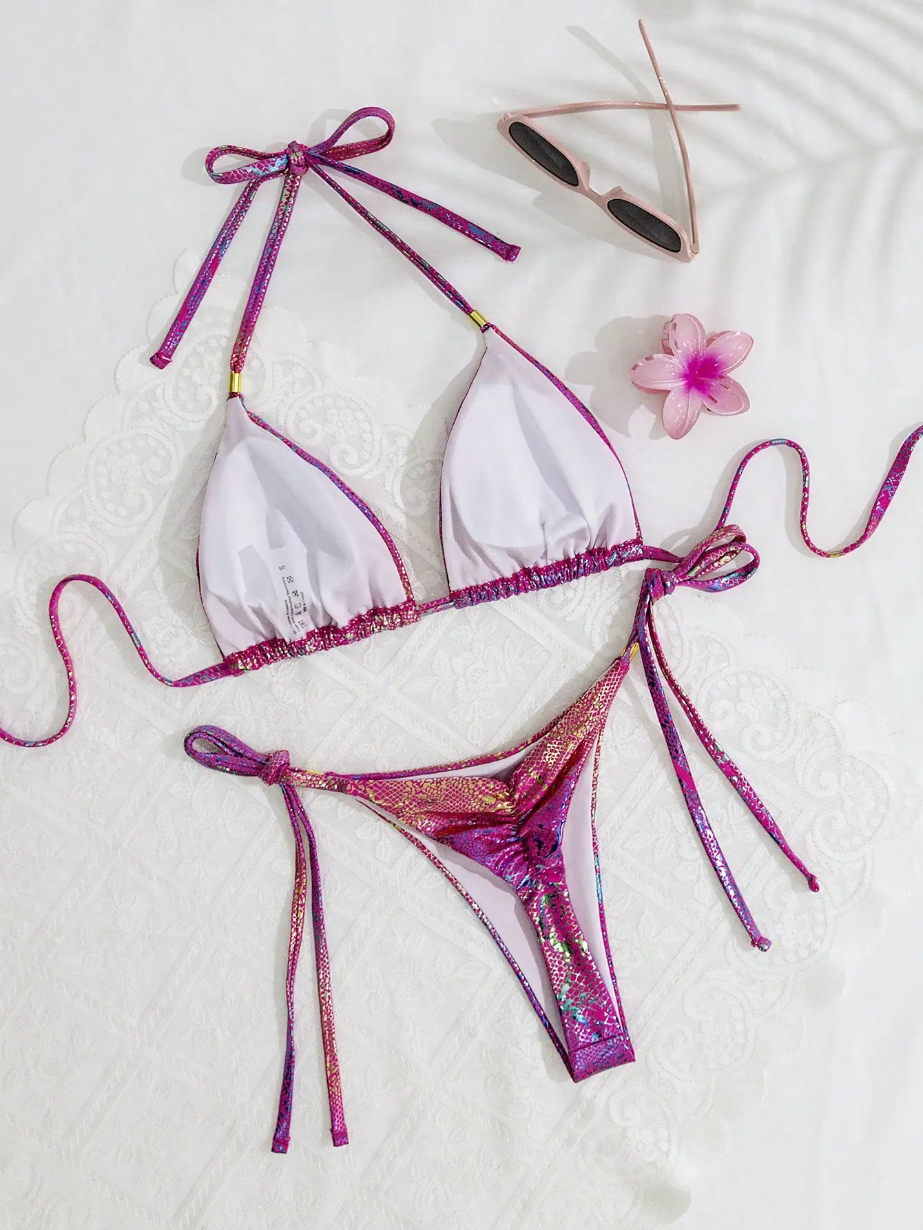 

Shimmering Pink Snake Print Triangle Bikini With Adjustable Halter Straps And Side-Tie Thong Bottoms