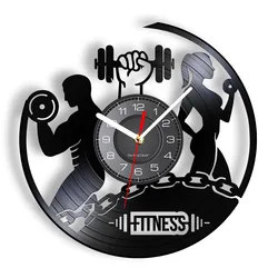 Fitness Vinyl Record Clock Sport Body Health Handmade Sports GYM Wall Art Bodybuilding Room Decor Dumbbell Vintage LP Wall Clock