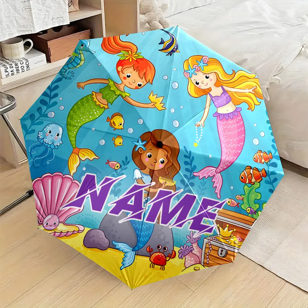 Custom Name Umbrella, Colorful Mermaid Adventure Umbrella for Kids Folding Umbrella for Sunny and Rainy,Gift
