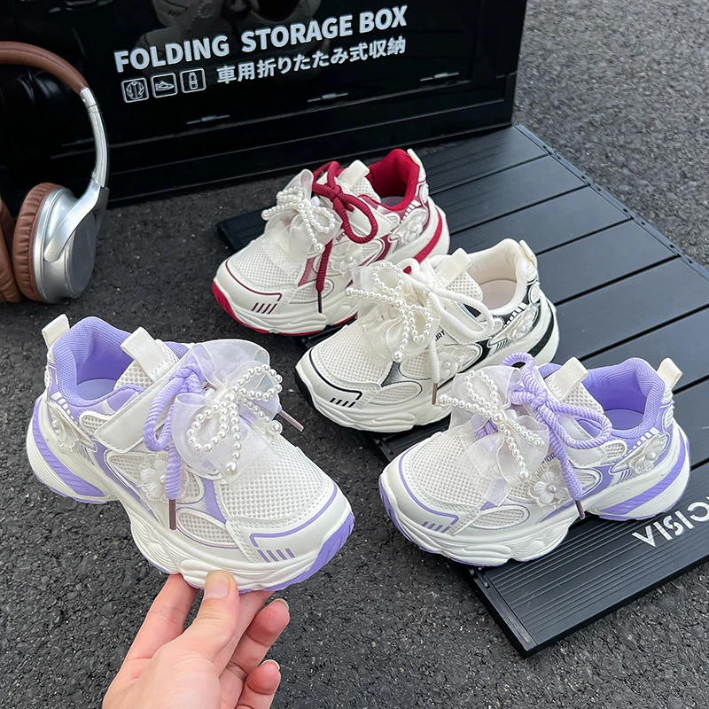 

Girls Running Shoes Sweet Beading Bow Kids Sneakers Soft Sole Non-slip 2025 Autumn New Children Princess Casual Shoes Breathable