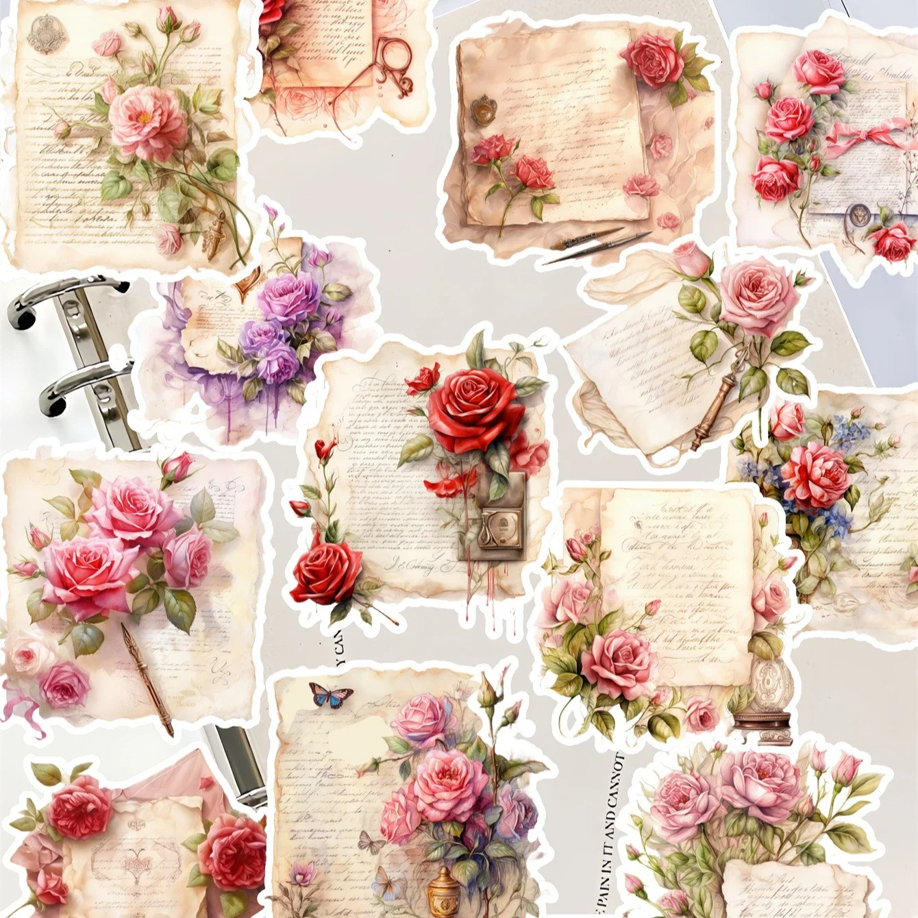 17pcs Cute Self-made Vintage Roses, Old Paper, Valentine's Day Stickers /Decorative /DIY Craft Photo Albums  Stationery