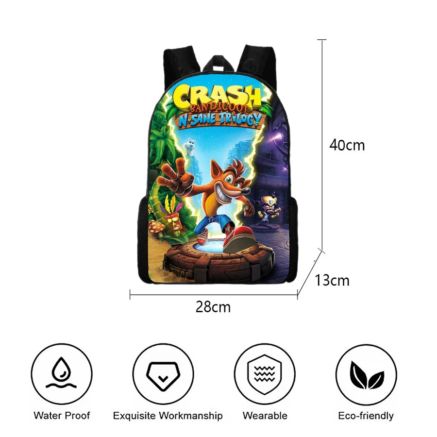 Crash Bandicoot plecak szkolny 3D Print szkolne torby dla chłopców dziewcząt kreskówki Anime