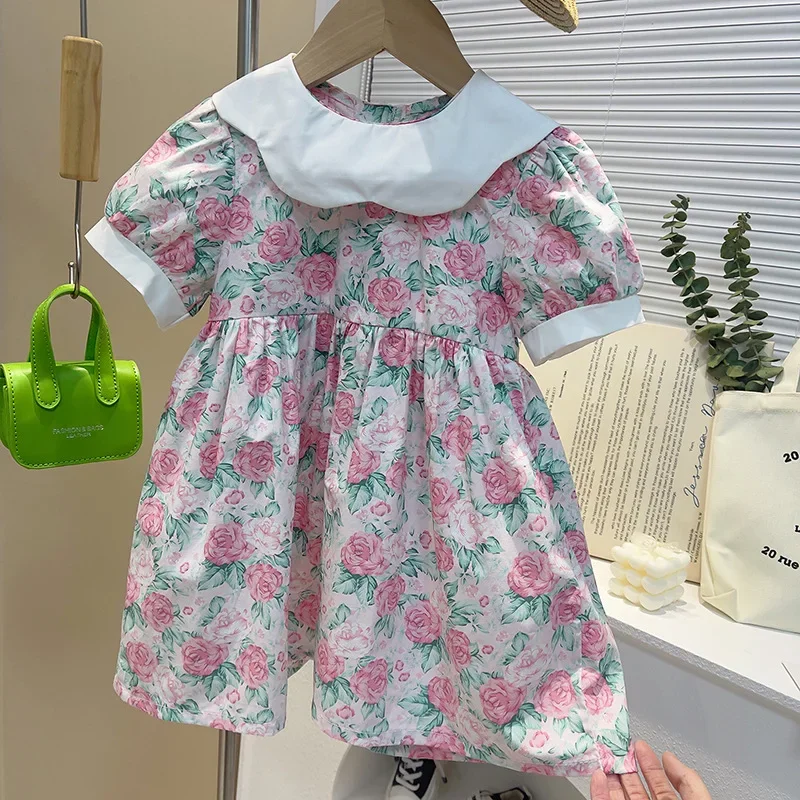 Summer Korean Style Girl\'s Floral Dress Little Girl Fashion Pure Cotton Short Sleeve Clothing Kids Party Princess Gift Dress