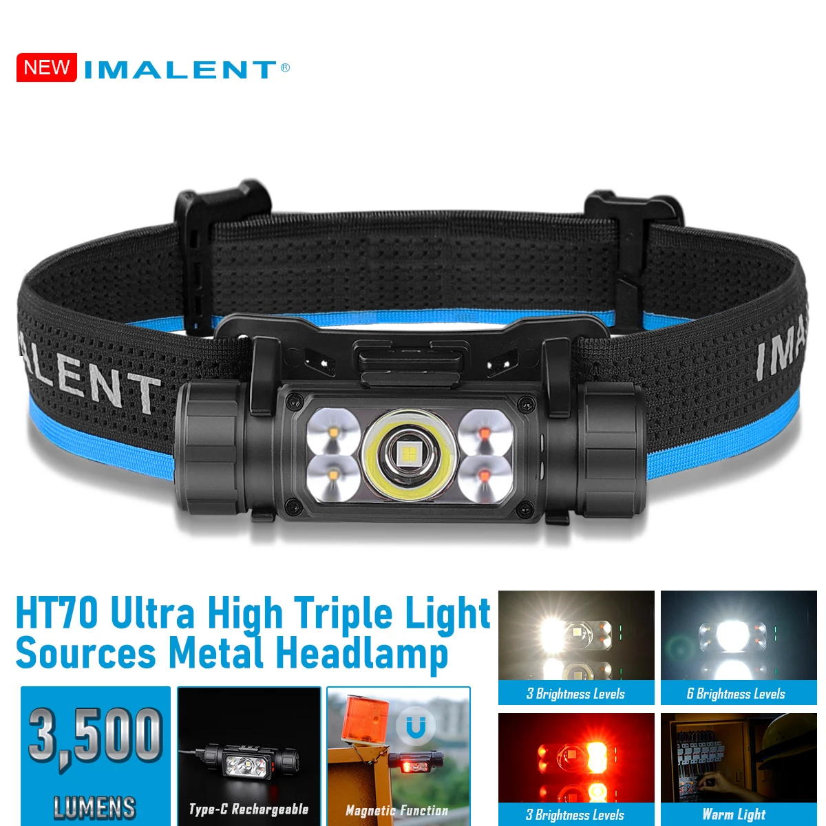 IMALENT HT70 كشافات 3500lm قابلة للشحن LED الاستشعار الأضواء الكاشف المغناطيسي الذيل مقاوم للماء للتخييم الصيد العمل الدراجة