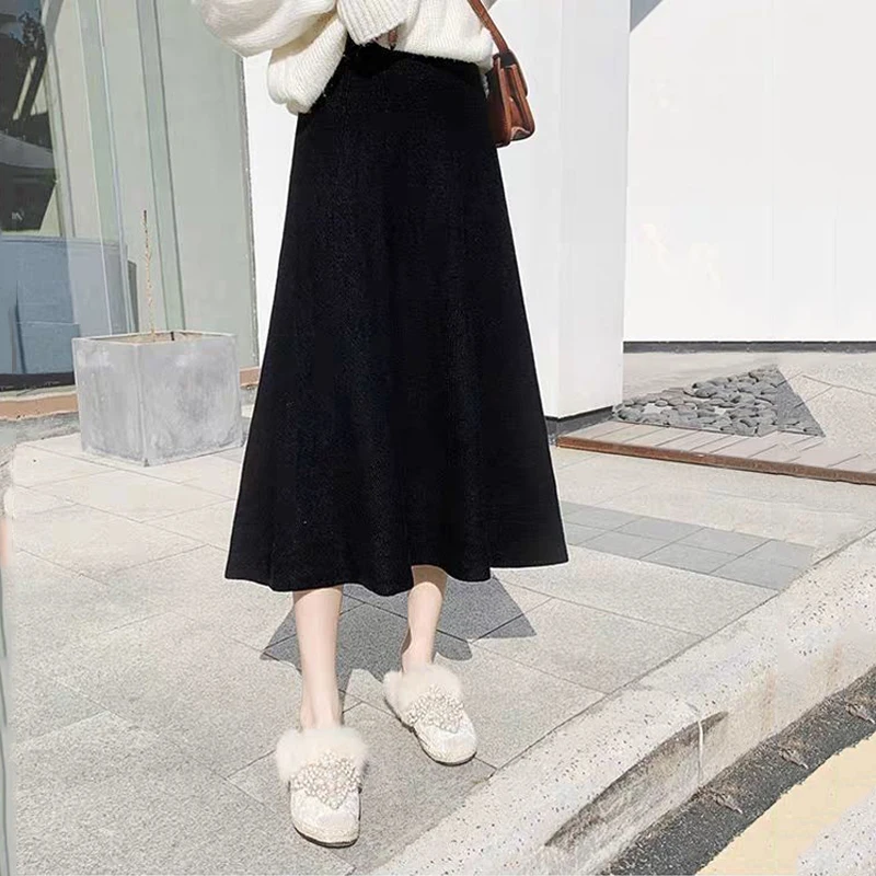 2022 Women Korean Style Spring Autumn Sexy Warm Knitted Black A-line Skirts Office Lady High Waist Elegant Party Club Long Skirt