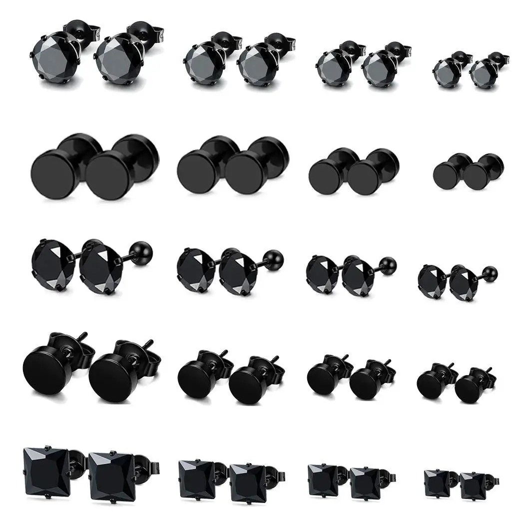 1/20 Pairs Black Stainless Steel Round Square CZ Inlaid Stud Earrings Double-Sided Screw Back Ear Stud Jewelry for Men Women