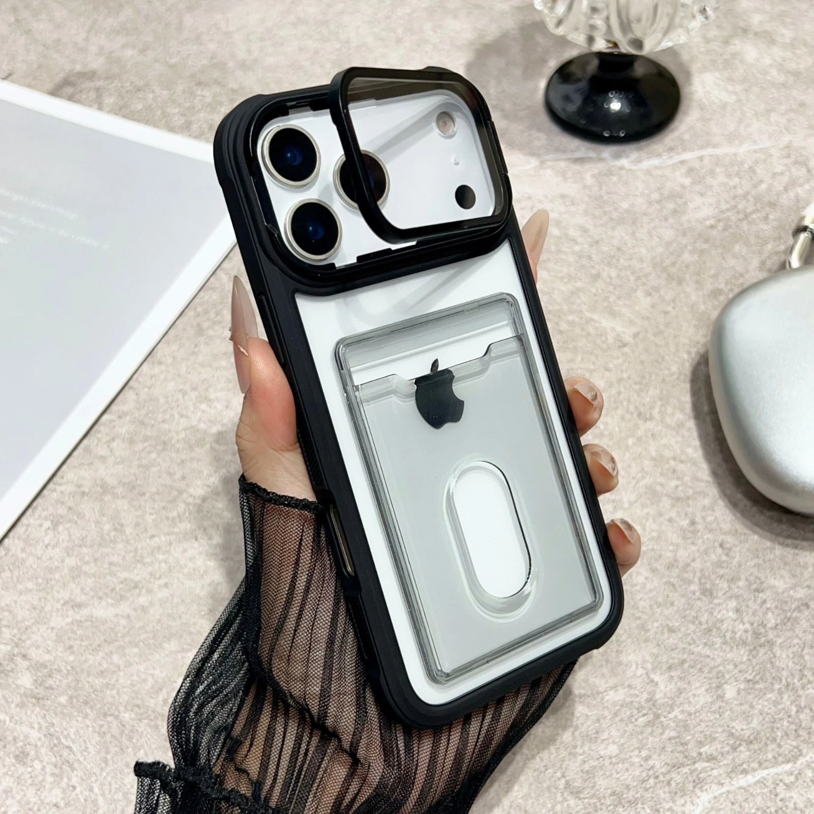 

Роскошный держатель для карт, складная подставка для объектива, чехол для телефона iPhone 17 Promax 16 Pro 15 14 Plus 13 12, прозрачный противоударный чехол-кошелек