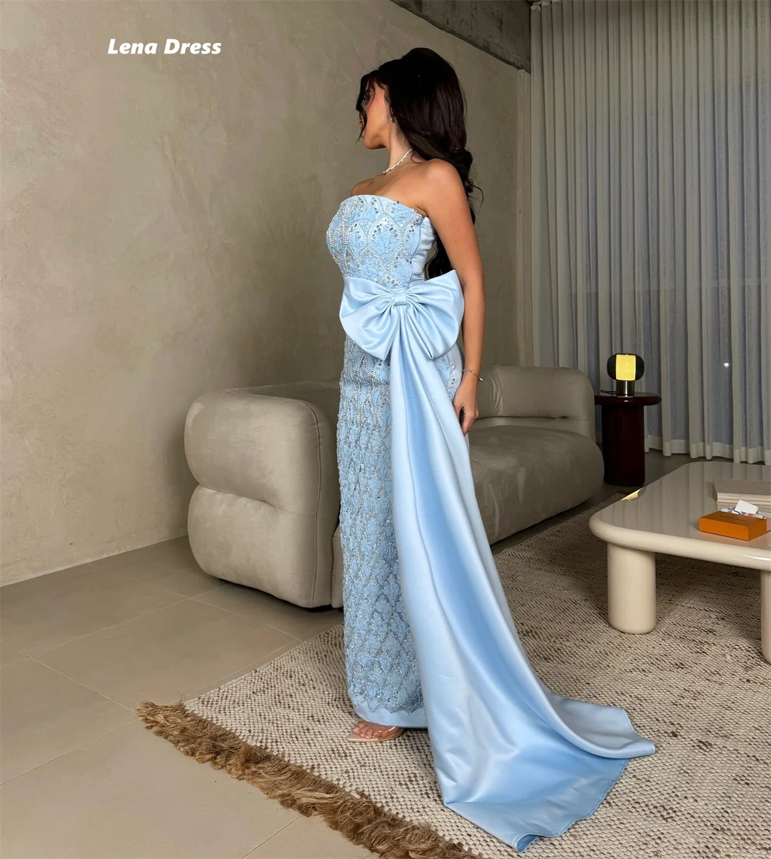 Lena bleu ciel robes De soirée Femme robes De soirée élégantes 2025 Femme luxe sur mesure nœud Robe De Cocktail Femme sans manches
