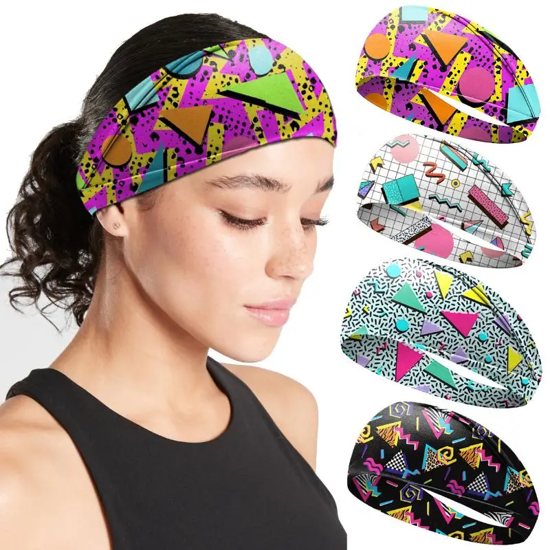 Stirnband mit geometrischem Druck, breites, rutschfestes, elastisches Haarband im Retro-Stil für Damen – Detail 2
