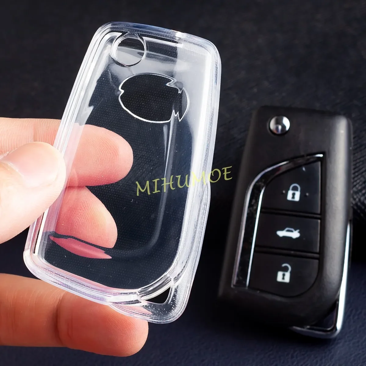 Voor Toyota RAV4 Camry C-HR Corolla LE Hatchback Sedan Hilux Metalen Zwart Transparant Auto Flip Sleutelhanger Case Cover sleutelhanger Ring